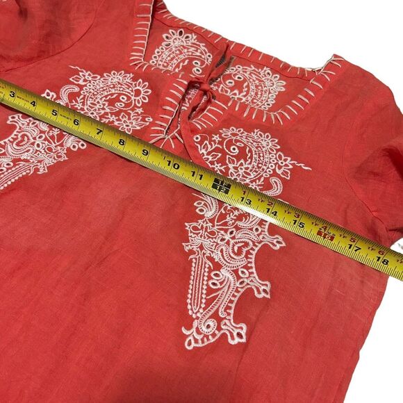 Monoreno Embroidered  100 % Linen Peasant Blouse Long Sleeve Salmon Red Small - Picture 12 of 15